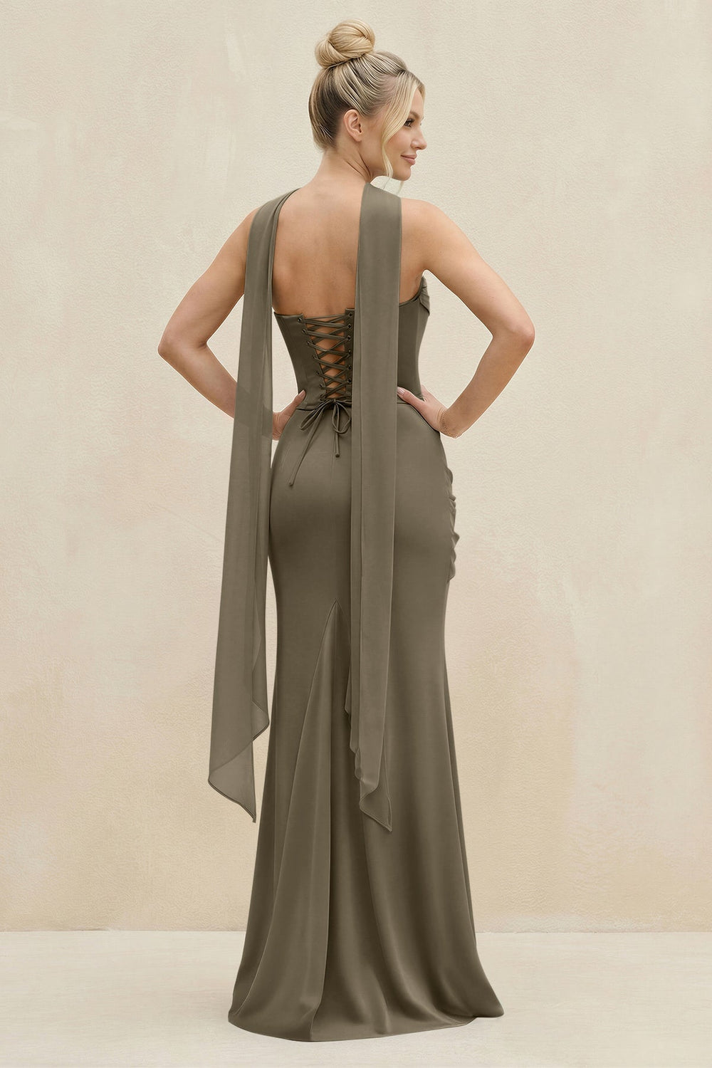 Cowl Neck Sheath Chiffon Bridesmaid Dress with Ribbon in Willow Green - KISS BRIDAL Bridesmaid Dresses