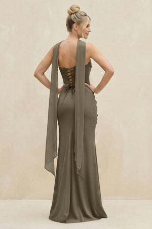 Cowl Neck Sheath Chiffon Bridesmaid Dress with Ribbon in Willow Green - SHE IS ME Bridesmaid Dresses