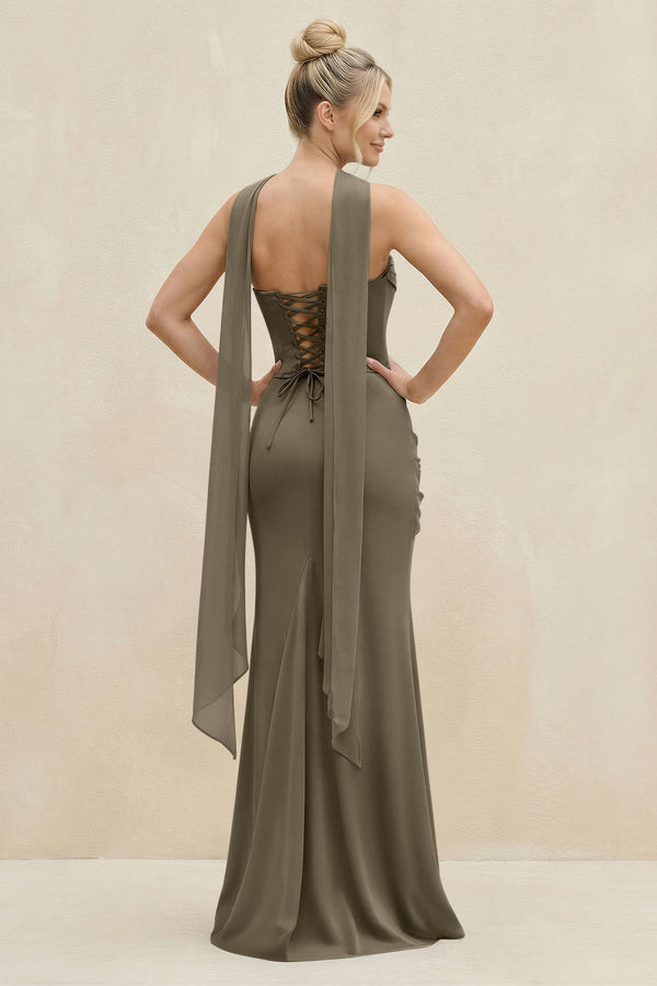 Cowl Neck Sheath Chiffon Bridesmaid Dress with Ribbon in Willow Green - SHE IS ME Bridesmaid Dresses