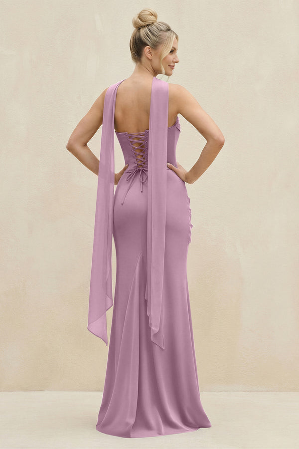 Cowl Neck Sheath Chiffon Bridesmaid Dress with Ribbon in Wisteria - SHE IS ME Bridesmaid Dresses