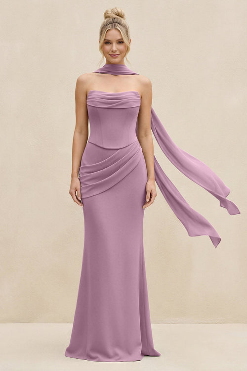 Cowl Neck Sheath Chiffon Bridesmaid Dress with Ribbon in Wisteria - SHE IS ME Bridesmaid Dresses