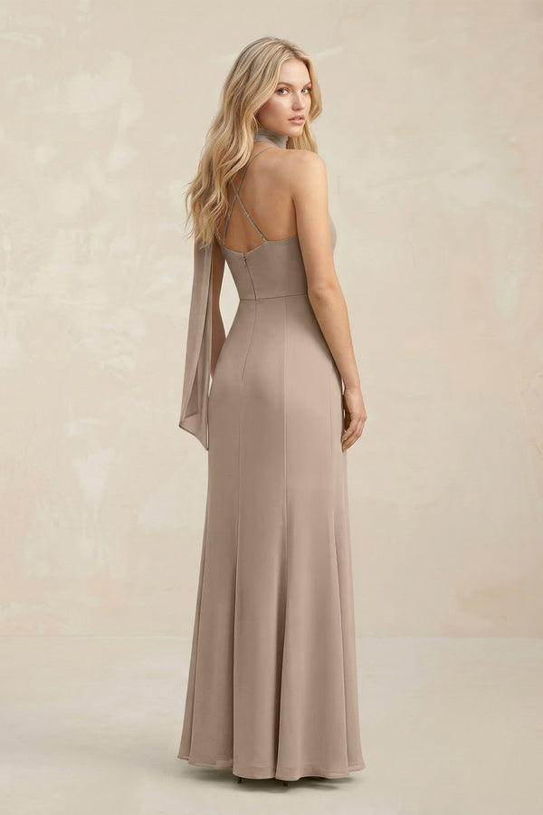 Cowl Neck Sheath Chiffon Maxi Bridesmaid Dress With Ribbon in Almond (2) | KISSBRIDAL
