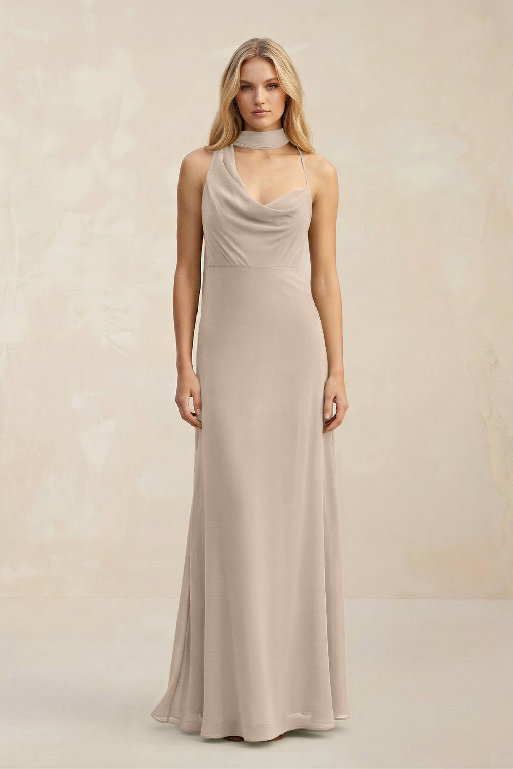 Cowl Neck Sheath Chiffon Maxi Bridesmaid Dress With Ribbon in Almond - KISS BRIDAL Bridesmaid Dresses