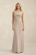 Cowl Neck Sheath Chiffon Maxi Bridesmaid Dress With Ribbon in Almond - SHE IS ME Bridesmaid Dresses