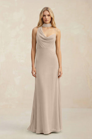 Cowl Neck Sheath Chiffon Maxi Bridesmaid Dress With Ribbon in Almond - SHE IS ME Bridesmaid Dresses