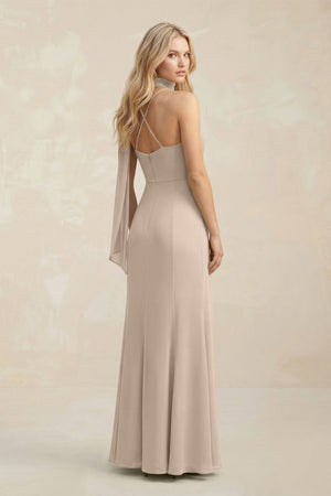 Cowl Neck Sheath Chiffon Maxi Bridesmaid Dress With Ribbon in Almond - SHE IS ME Bridesmaid Dresses
