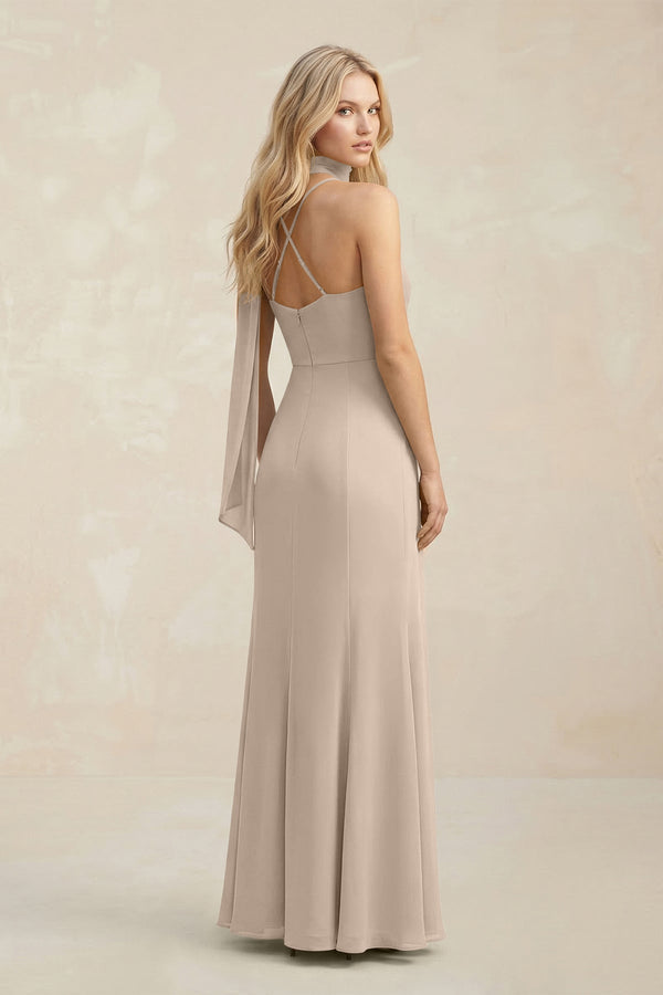 Cowl Neck Sheath Chiffon Maxi Bridesmaid Dress With Ribbon in Almond - SHE IS ME Bridesmaid Dresses