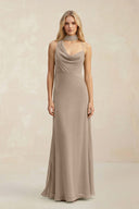 Cowl Neck Sheath Chiffon Maxi Bridesmaid Dress With Ribbon in Almond | KISSBRIDAL