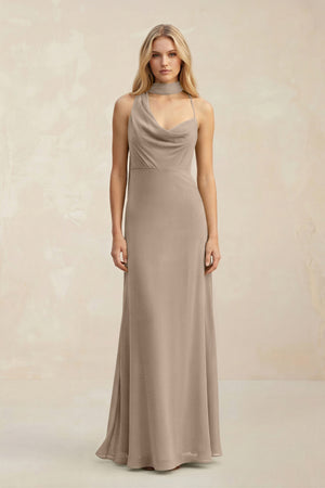 Cowl Neck Sheath Chiffon Maxi Bridesmaid Dress With Ribbon in Almond | KISSBRIDAL