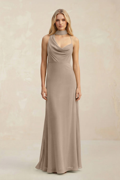 Cowl Neck Sheath Chiffon Maxi Bridesmaid Dress With Ribbon in Almond | KISSBRIDAL