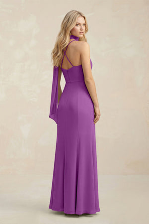 Cowl Neck Sheath Chiffon Maxi Bridesmaid Dress With Ribbon in Amethyst - SHE IS ME Bridesmaid Dresses