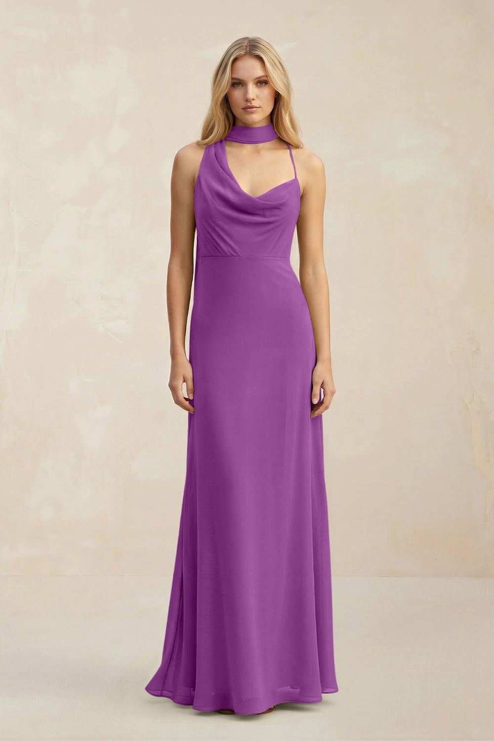 Cowl Neck Sheath Chiffon Maxi Bridesmaid Dress With Ribbon in Amethyst - KISS BRIDAL Bridesmaid Dresses