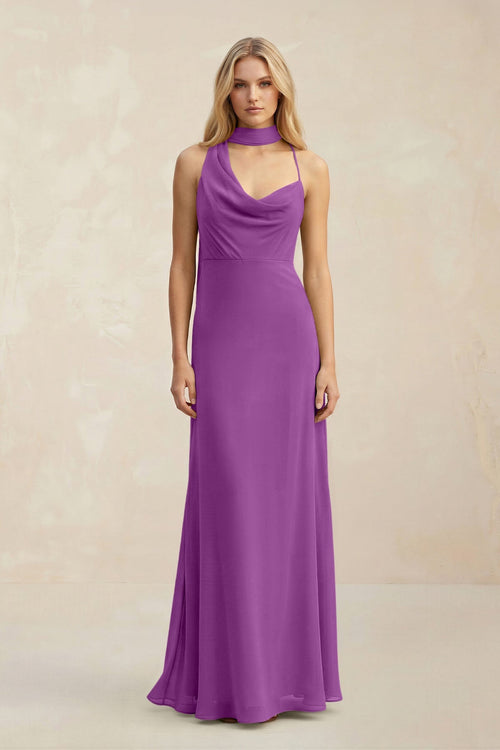 Cowl Neck Sheath Chiffon Maxi Bridesmaid Dress With Ribbon in Amethyst - SHE IS ME Bridesmaid Dresses