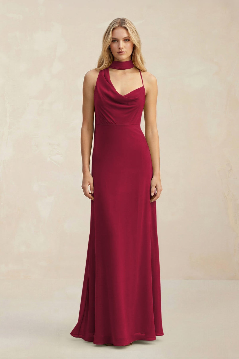 Cowl Neck Sheath Chiffon Maxi Bridesmaid Dress With Ribbon in Berry - KISS BRIDAL Bridesmaid Dresses