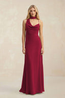 Cowl Neck Sheath Chiffon Maxi Bridesmaid Dress With Ribbon in Berry - SHE IS ME Bridesmaid Dresses