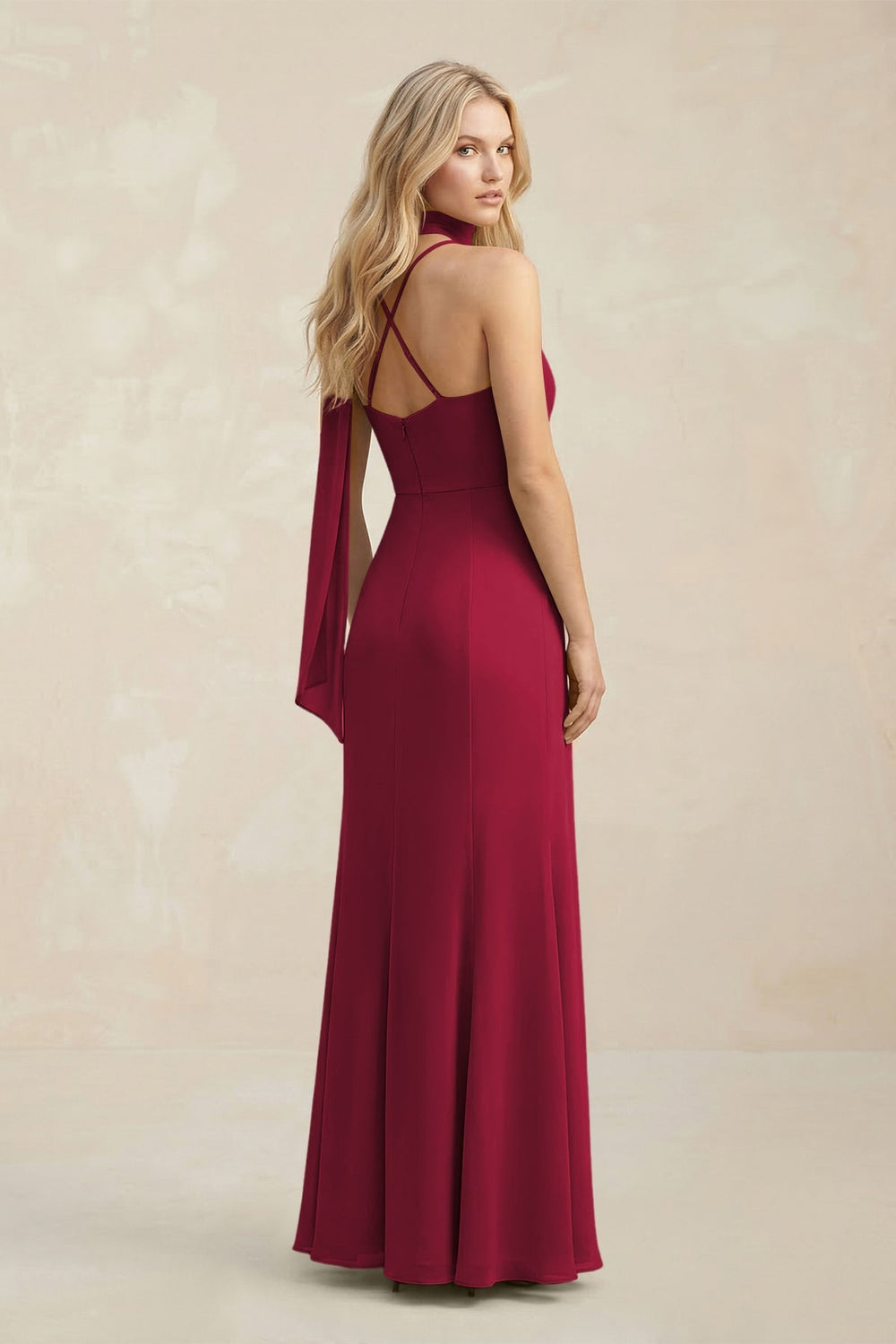Cowl Neck Sheath Chiffon Maxi Bridesmaid Dress With Ribbon in Berry - KISS BRIDAL Bridesmaid Dresses