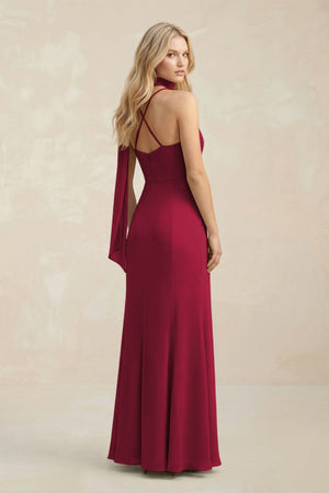 Cowl Neck Sheath Chiffon Maxi Bridesmaid Dress With Ribbon in Berry - SHE IS ME Bridesmaid Dresses