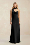 Cowl Neck Sheath Chiffon Maxi Bridesmaid Dress With Ribbon in Black - SHE IS ME Bridesmaid Dresses