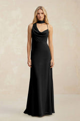 Cowl Neck Sheath Chiffon Maxi Bridesmaid Dress With Ribbon in Black - KISS BRIDAL Bridesmaid Dresses