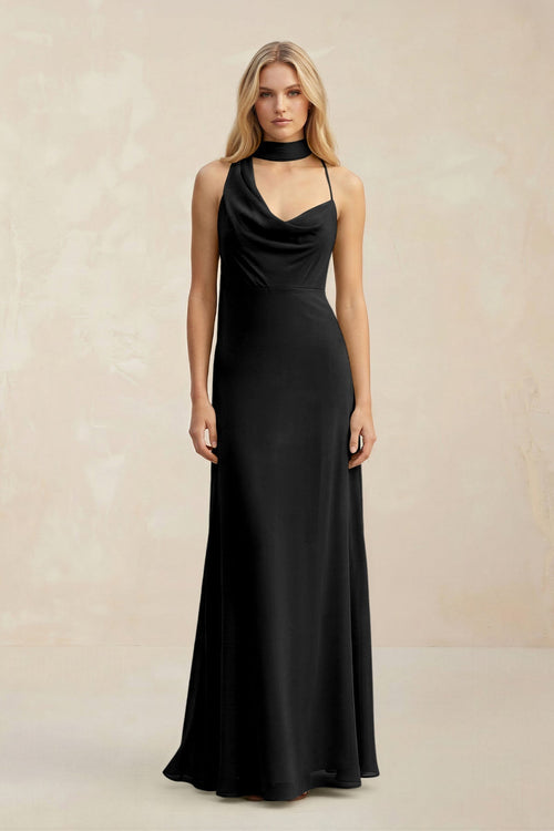 Cowl Neck Sheath Chiffon Maxi Bridesmaid Dress With Ribbon in Black - SHE IS ME Bridesmaid Dresses