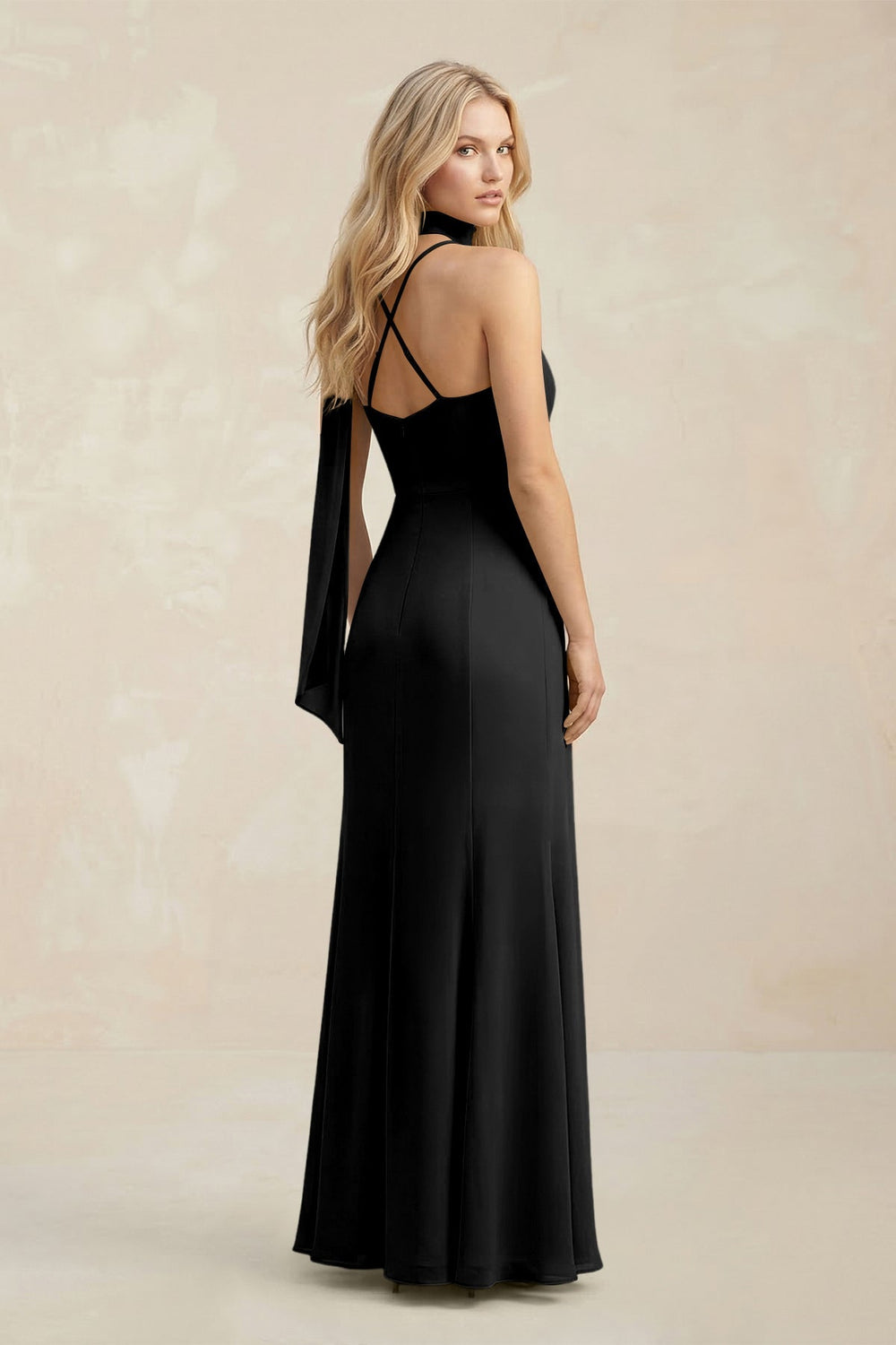 Cowl Neck Sheath Chiffon Maxi Bridesmaid Dress With Ribbon in Black - KISS BRIDAL Bridesmaid Dresses