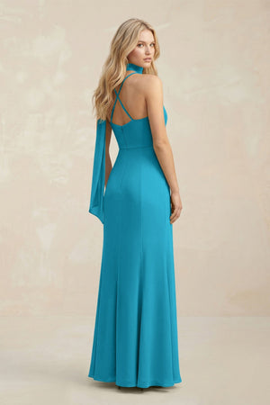 Cowl Neck Sheath Chiffon Maxi Bridesmaid Dress With Ribbon in Blue Jay - SHE IS ME Bridesmaid Dresses