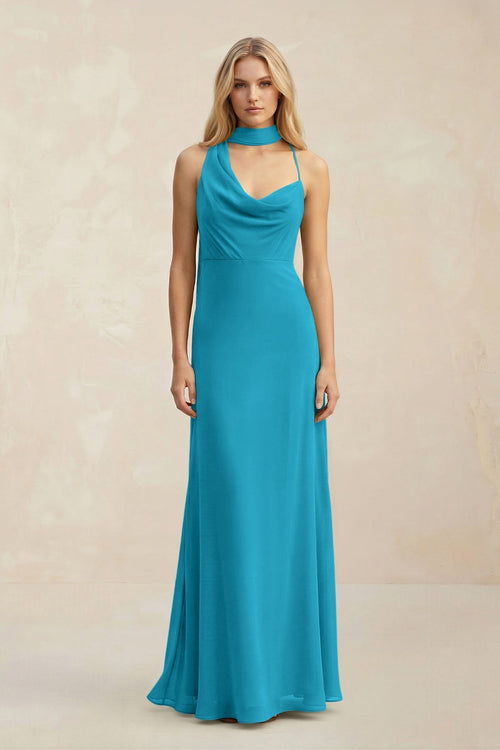 Cowl Neck Sheath Chiffon Maxi Bridesmaid Dress With Ribbon in Blue Jay - SHE IS ME Bridesmaid Dresses