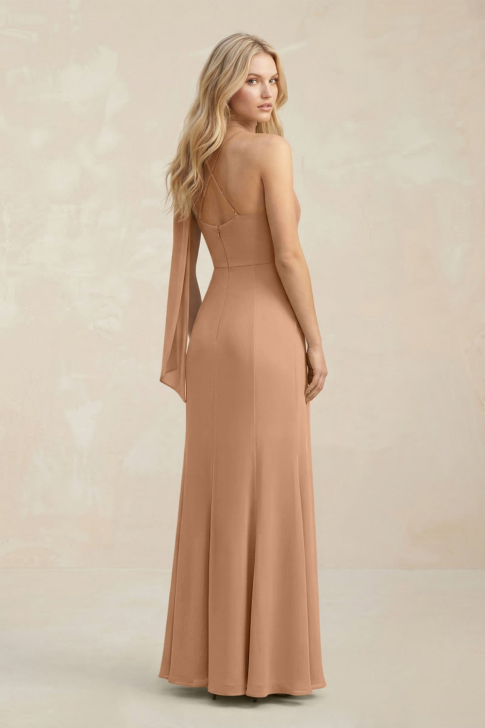 Cowl Neck Sheath Chiffon Maxi Bridesmaid Dress With Ribbon in Bronzer - KISS BRIDAL Bridesmaid Dresses
