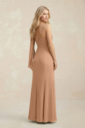 Cowl Neck Sheath Chiffon Maxi Bridesmaid Dress With Ribbon in Bronzer - SHE IS ME Bridesmaid Dresses