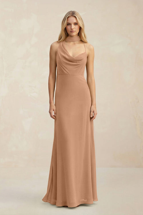 Cowl Neck Sheath Chiffon Maxi Bridesmaid Dress With Ribbon in Bronzer - SHE IS ME Bridesmaid Dresses