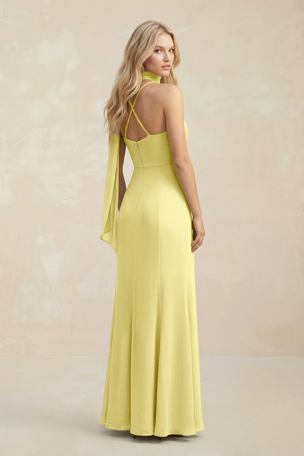 Cowl Neck Sheath Chiffon Maxi Bridesmaid Dress With Ribbon in Buttercup - KISS BRIDAL Bridesmaid Dresses