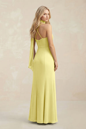 Cowl Neck Sheath Chiffon Maxi Bridesmaid Dress With Ribbon in Buttercup - SHE IS ME Bridesmaid Dresses