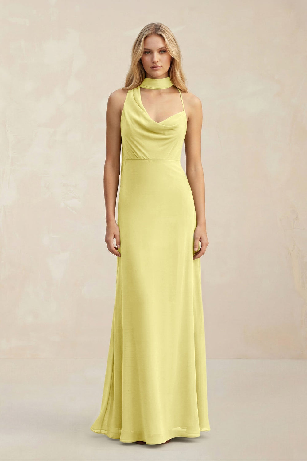 Cowl Neck Sheath Chiffon Maxi Bridesmaid Dress With Ribbon in Buttercup - KISS BRIDAL Bridesmaid Dresses
