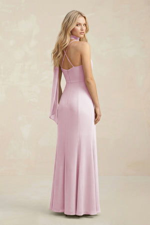 Cowl Neck Sheath Chiffon Maxi Bridesmaid Dress With Ribbon in Candy Pink (2) | KISSBRIDAL