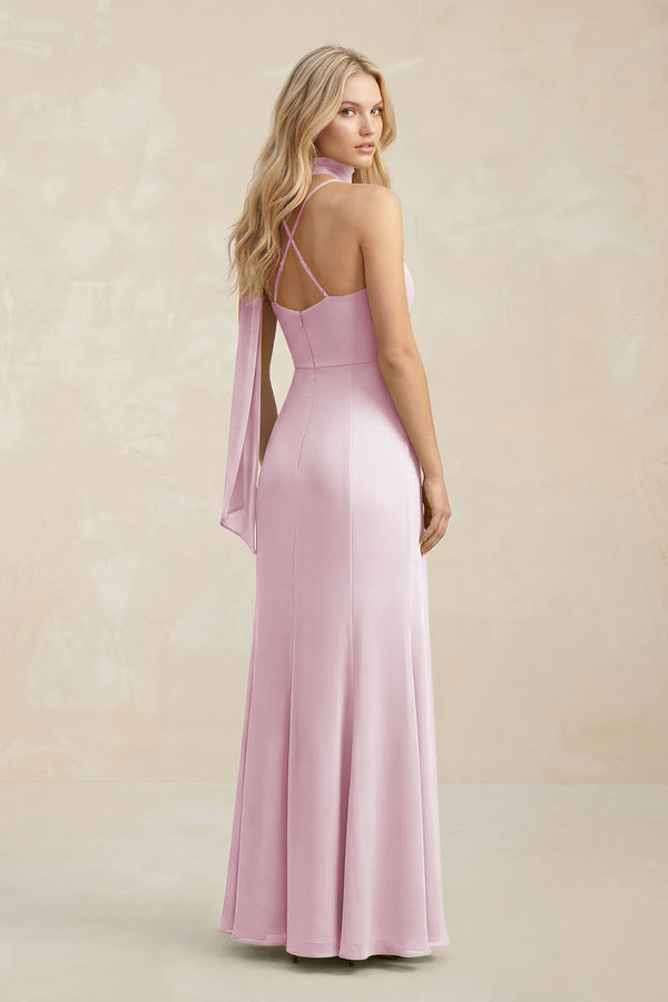 Cowl Neck Sheath Chiffon Maxi Bridesmaid Dress With Ribbon in Candy Pink (2) | KISSBRIDAL