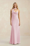 Cowl Neck Sheath Chiffon Maxi Bridesmaid Dress With Ribbon in Candy Pink - SHE IS ME Bridesmaid Dresses