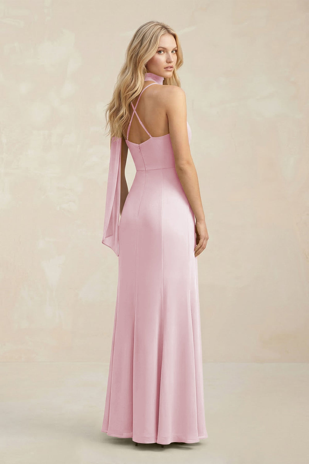 Cowl Neck Sheath Chiffon Maxi Bridesmaid Dress With Ribbon in Candy Pink - KISS BRIDAL Bridesmaid Dresses