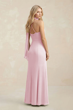 Cowl Neck Sheath Chiffon Maxi Bridesmaid Dress With Ribbon in Candy Pink - SHE IS ME Bridesmaid Dresses