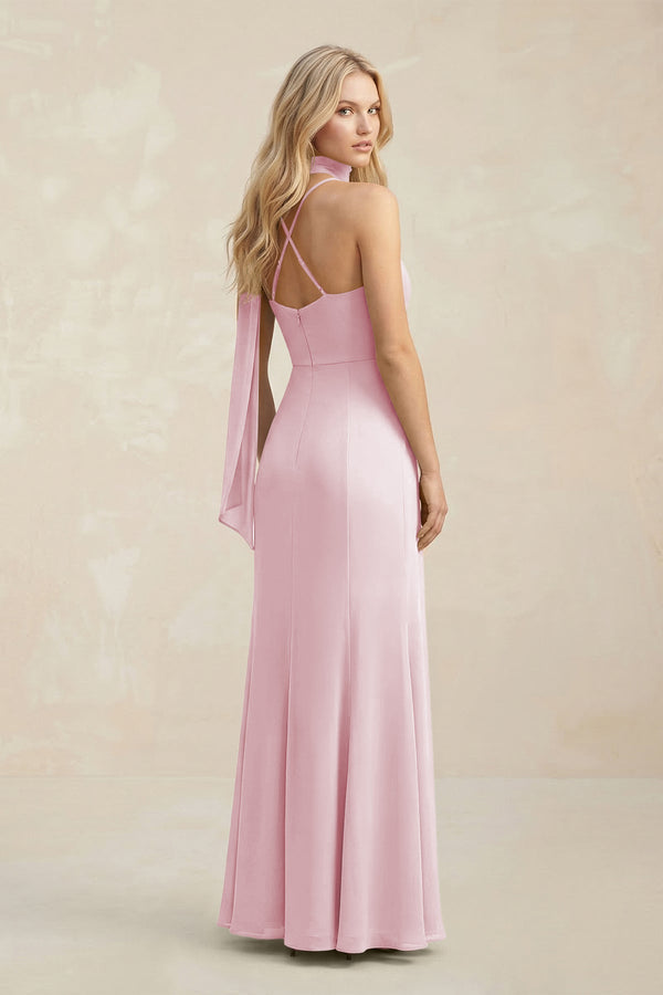 Cowl Neck Sheath Chiffon Maxi Bridesmaid Dress With Ribbon in Candy Pink - SHE IS ME Bridesmaid Dresses