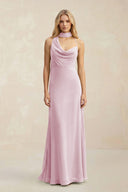 Cowl Neck Sheath Chiffon Maxi Bridesmaid Dress With Ribbon in Candy Pink | KISSBRIDAL