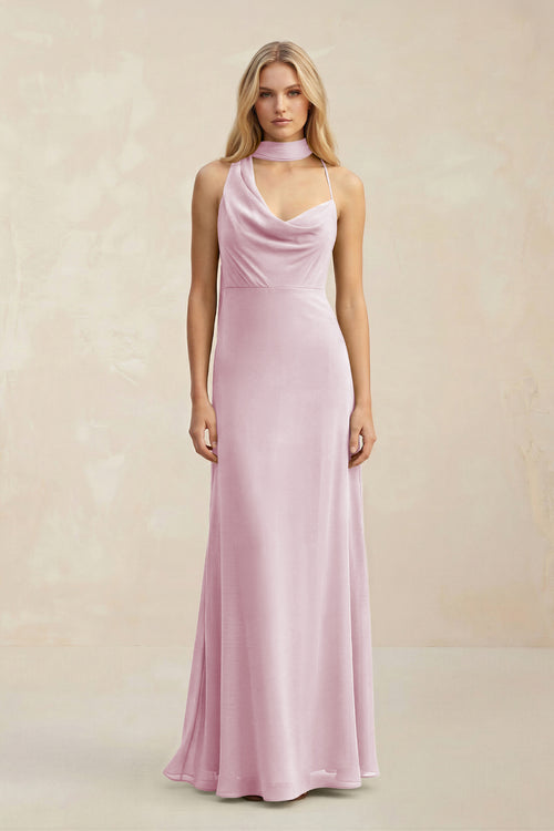 Cowl Neck Sheath Chiffon Maxi Bridesmaid Dress With Ribbon in Candy Pink | KISSBRIDAL