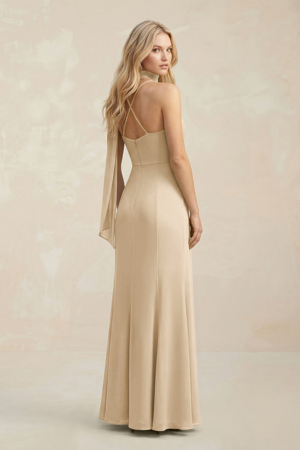 Cowl Neck Sheath Chiffon Maxi Bridesmaid Dress With Ribbon in Champagne