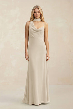 Cowl Neck Sheath Chiffon Maxi Bridesmaid Dress With Ribbon in Champagne - SHE IS ME Bridesmaid Dresses