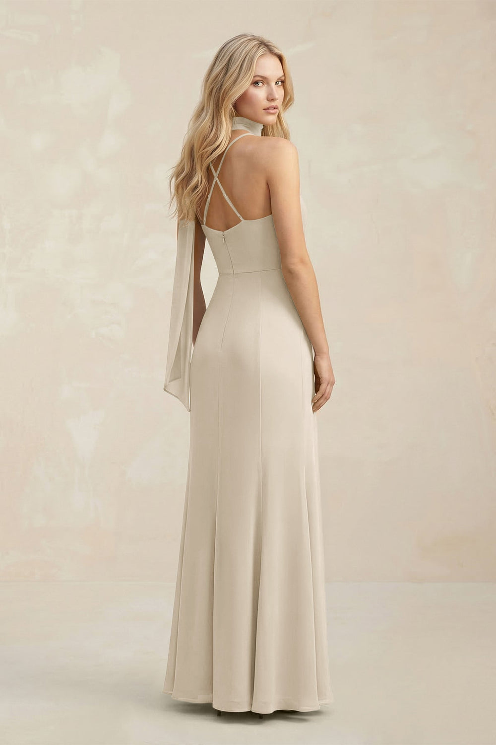 Cowl Neck Sheath Chiffon Maxi Bridesmaid Dress With Ribbon in Champagne - KISS BRIDAL Bridesmaid Dresses
