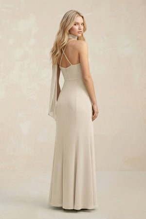 Cowl Neck Sheath Chiffon Maxi Bridesmaid Dress With Ribbon in Champagne - SHE IS ME Bridesmaid Dresses