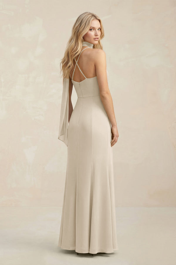 Cowl Neck Sheath Chiffon Maxi Bridesmaid Dress With Ribbon in Champagne - SHE IS ME Bridesmaid Dresses