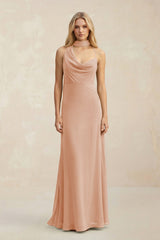 Cowl Neck Sheath Chiffon Maxi Bridesmaid Dress With Ribbon in Champagne Rose - KISS BRIDAL Bridesmaid Dresses