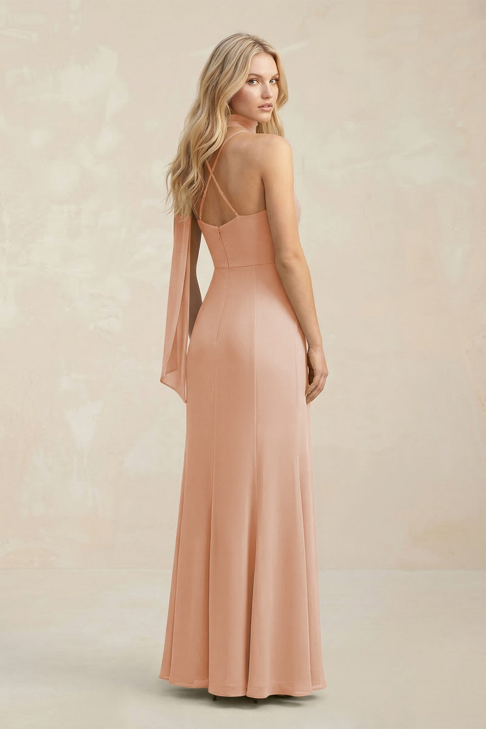 Cowl Neck Sheath Chiffon Maxi Bridesmaid Dress With Ribbon in Champagne Rose - KISS BRIDAL Bridesmaid Dresses