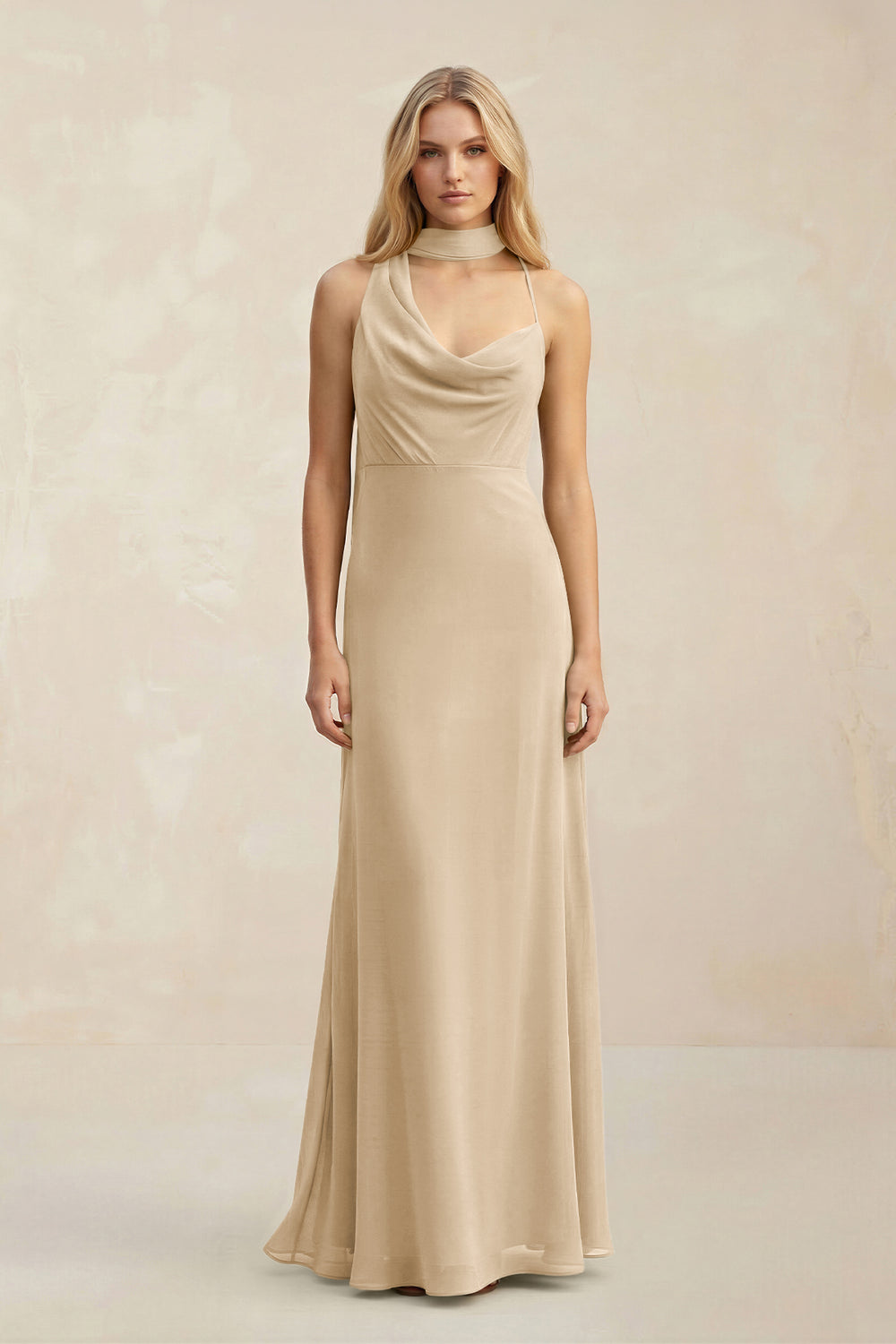 Cowl Neck Sheath Chiffon Maxi Bridesmaid Dress With Ribbon in Champagne