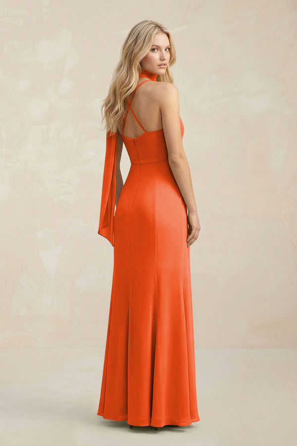Cowl Neck Sheath Chiffon Maxi Bridesmaid Dress With Ribbon in Cinnamon (2) | KISSBRIDAL